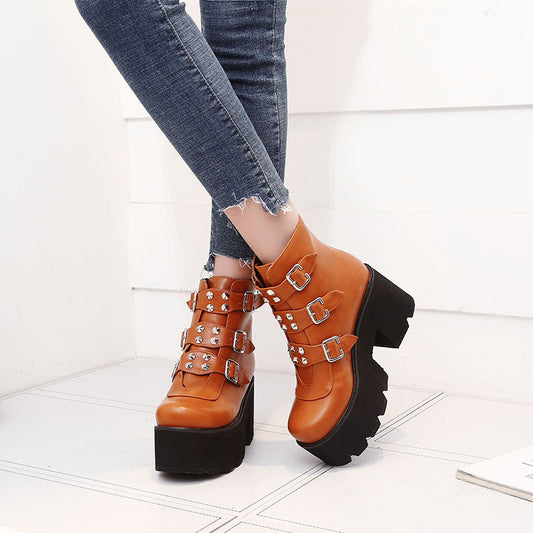 Belt Buckle Side Zipper High Heel Stage Boots Platform Shoes