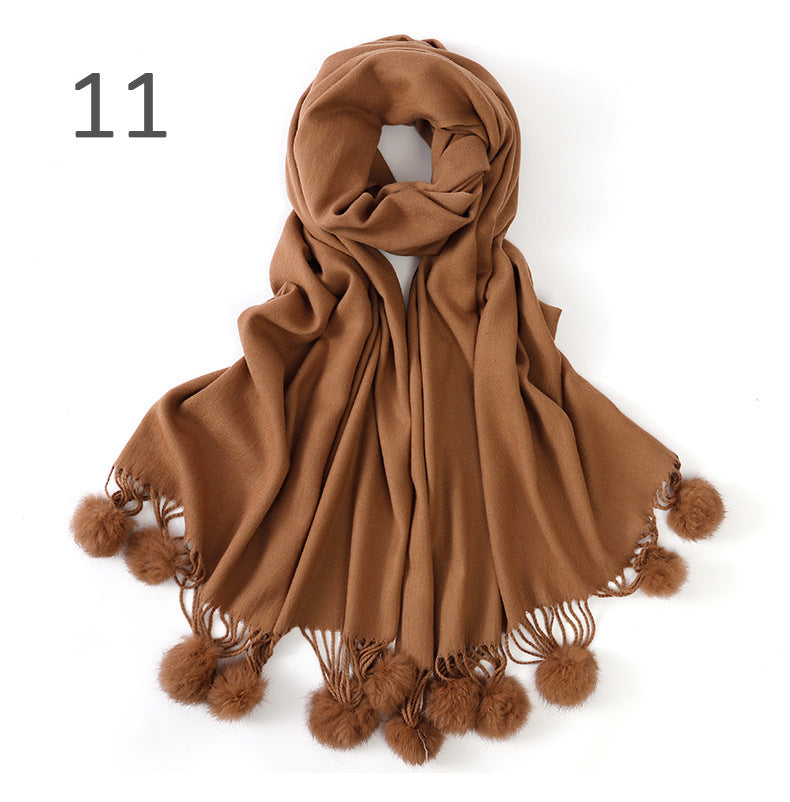 Pure color rabbit fur ball cashmere scarf