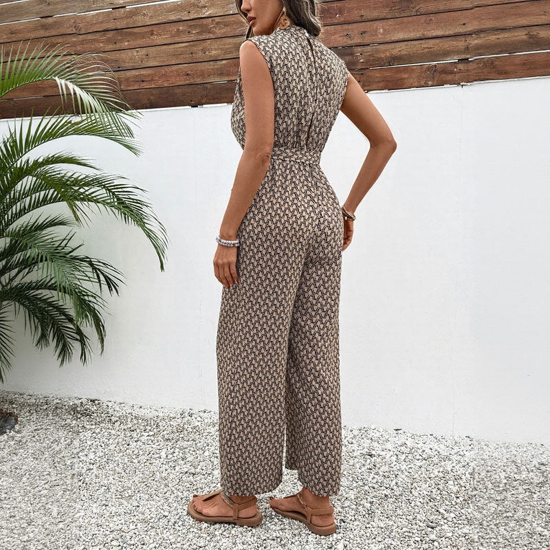 European And American Leisure Jumpsuit Cross-border Lace-up Sleeveless Geometric Print One-piece Trousers