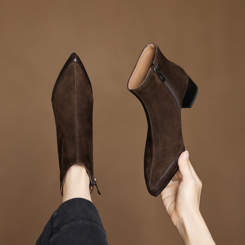 Microsoft Sheepskin New Women's Martin Boots Large Size Pointed Suede Leather Chunky Heel
