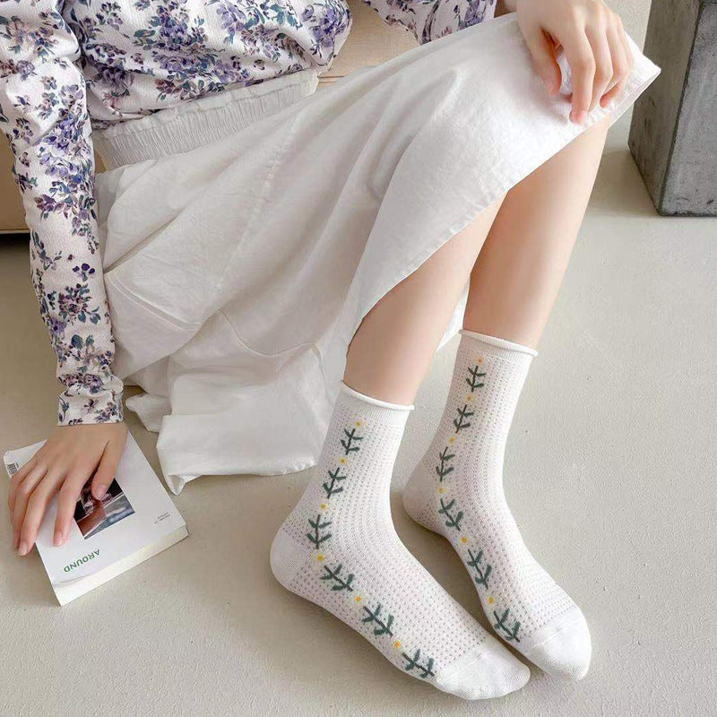 Thin Hollow Mesh Rolled Edge Women's Socks With Small Flowers