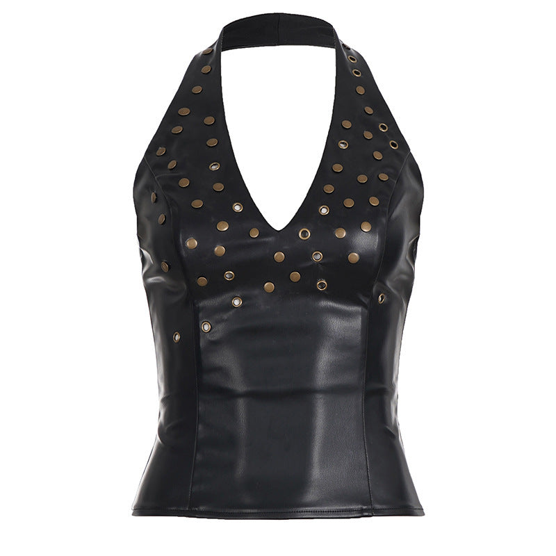 Dark Edgy Studded Halter Leather Vest