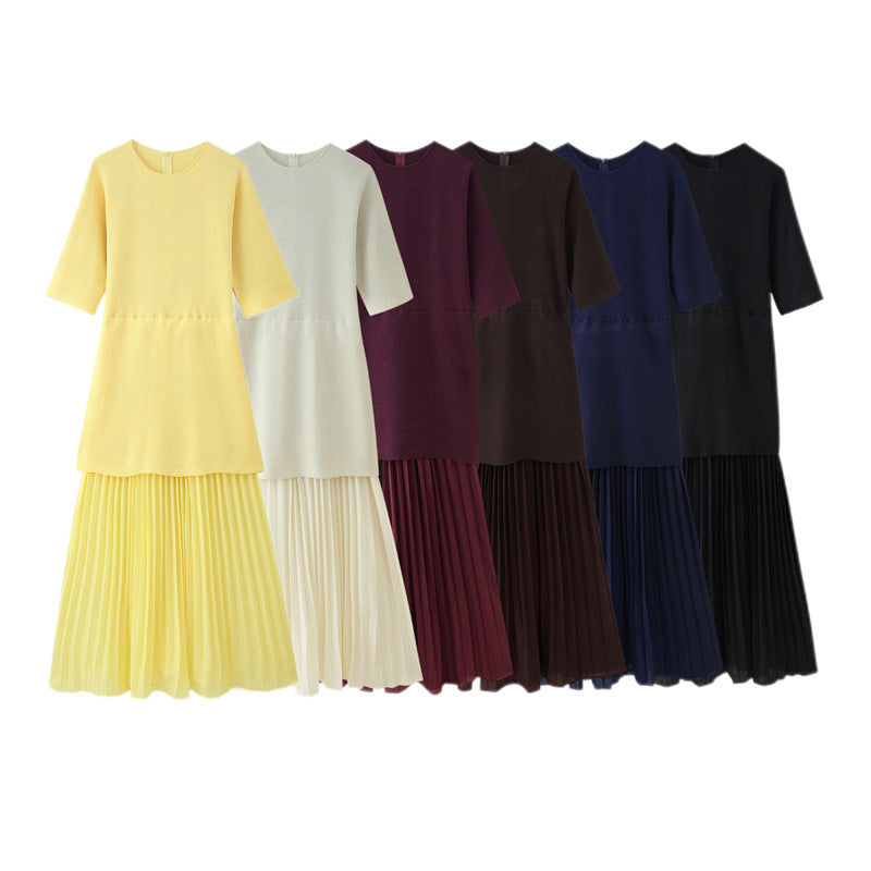 Fashionable Elegant Brown Patchwork Pleated Dress