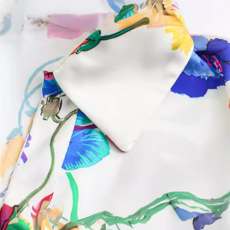 Women's French Fashion Floral Print Satin Shirt Women