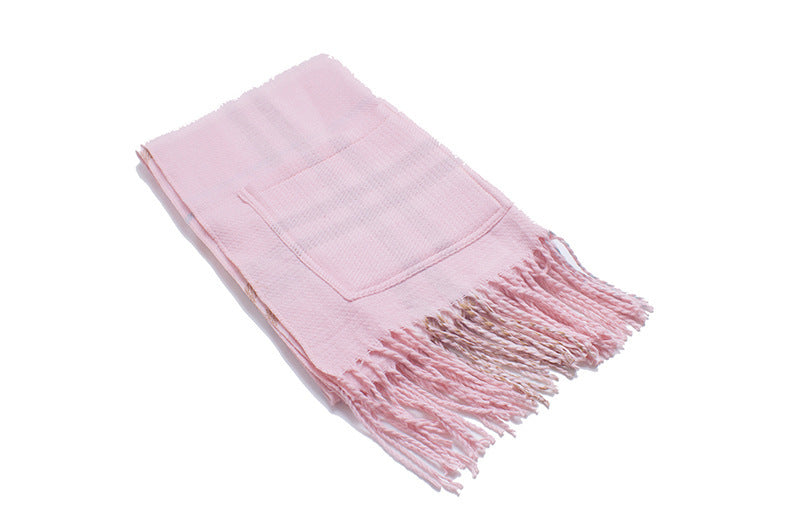 Thick Shawl Imitation Cashmere Fringed Pocket Plaid Scarf
