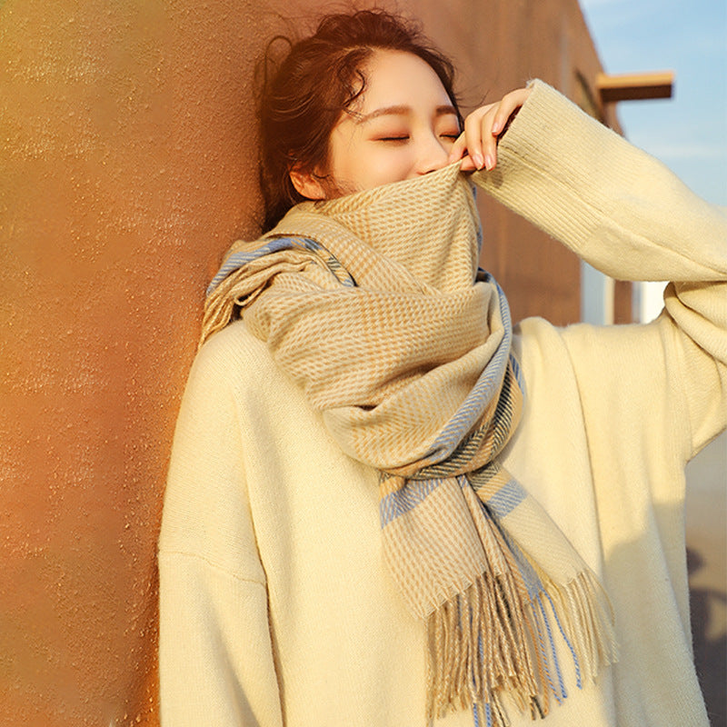 Herringbone Pattern Cashmere Thick Warmth Tassel Shawl