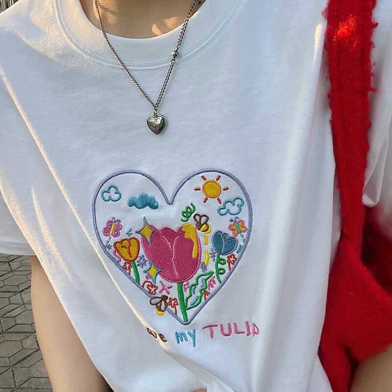 Japansk Retro Trykt Bogstav Elegant Kortærmet T-shirt til Kvinder
