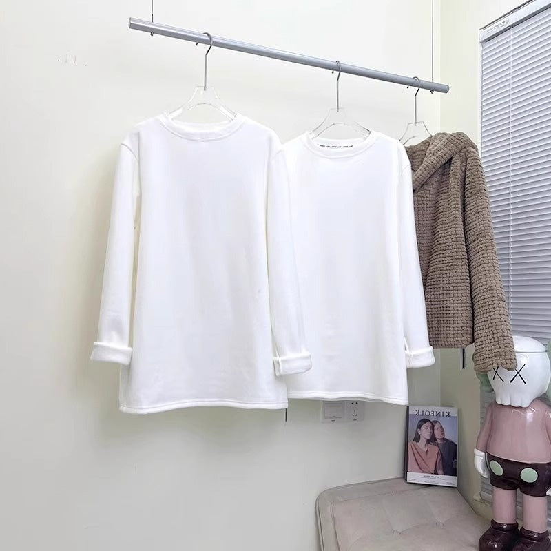 Plus Velvet Hvid Bundskjorte Dame Inder Match Mellemlang Løs T-shirt