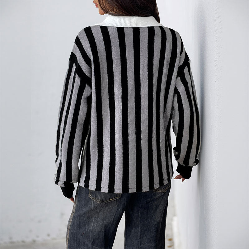 Efterårs- og vinterstrikket sweater til kvinder med vertikale striber og reverskrave unisex-stil