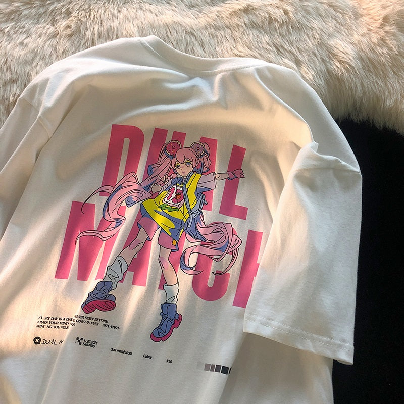 White Large Cartoon T-shirt Women's Cotton Short Sleeve