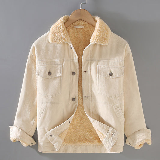 Men's Corduroy Workwear American Retro Lapels Jacket Heavy Imitation Lamb Wool Thickened Cotton-padded Coat