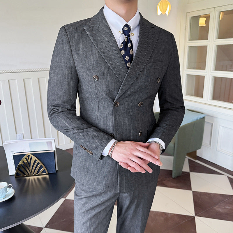 Peak-lapel Coat With Double-breasted Design Textured Stripes And A Three-piece Set