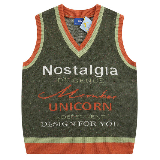 Outerwear Sleeveless Vest Street V-neck Letter Color Matching Knitted Vest