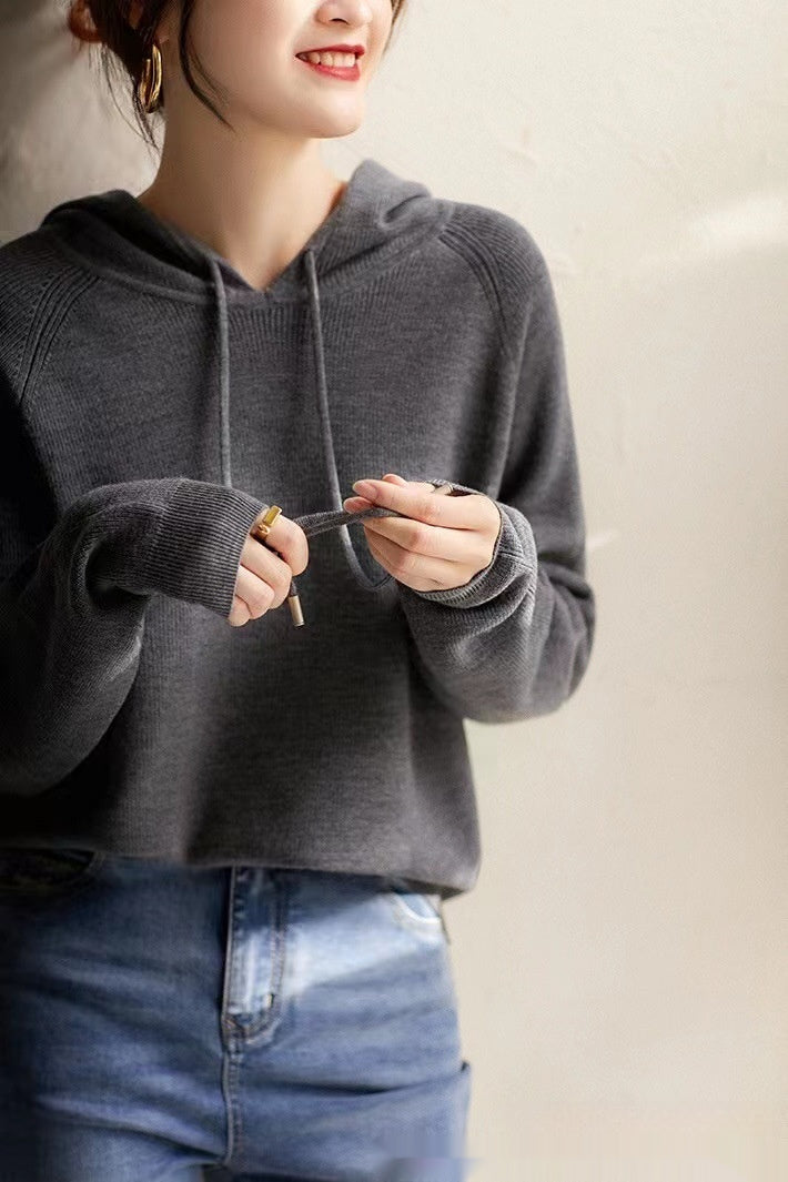 Women's Wool Knitted Hooded Sweater Pullover Stripe Loose