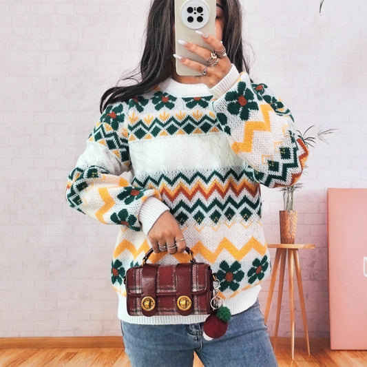 Vintage Jacquard Knitted Round Neck Long Sleeve Women's Sweater