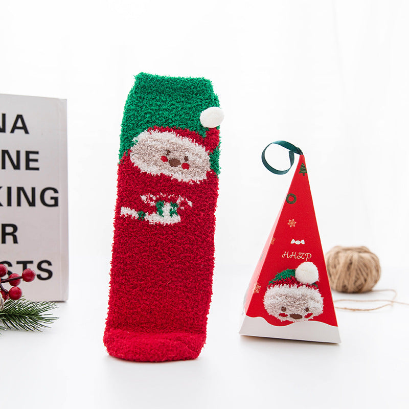 Christmas Stocking Triangle Boxed Coral Velvet Floor Socks Thickened