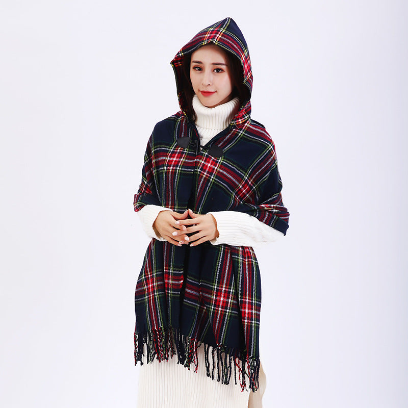 Cashmere plaid national wind hooded horn buckle cloak cloak travel air conditioning shawl