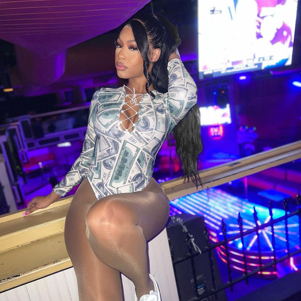 Tight-fitting Long-sleeve Printed Bottoming Bodysuit