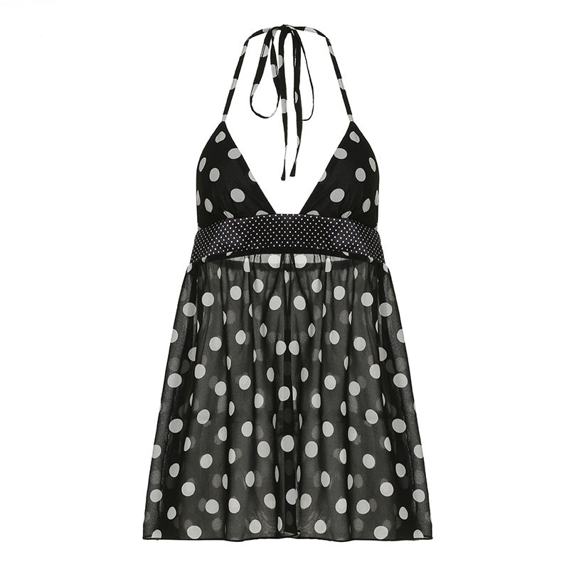 European And American Polka Dot Print Deep V-neck Irregular Hem Halter