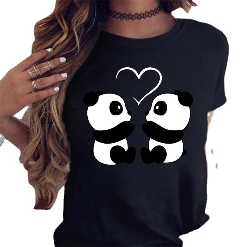 Digital Cartoon Panda Printing Round Neck Sports Short Sleeve