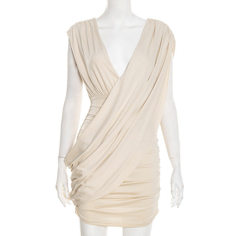 Deep V Neck Asymmetrical Sleeveless Slim Fit Pleated Sheath Dress