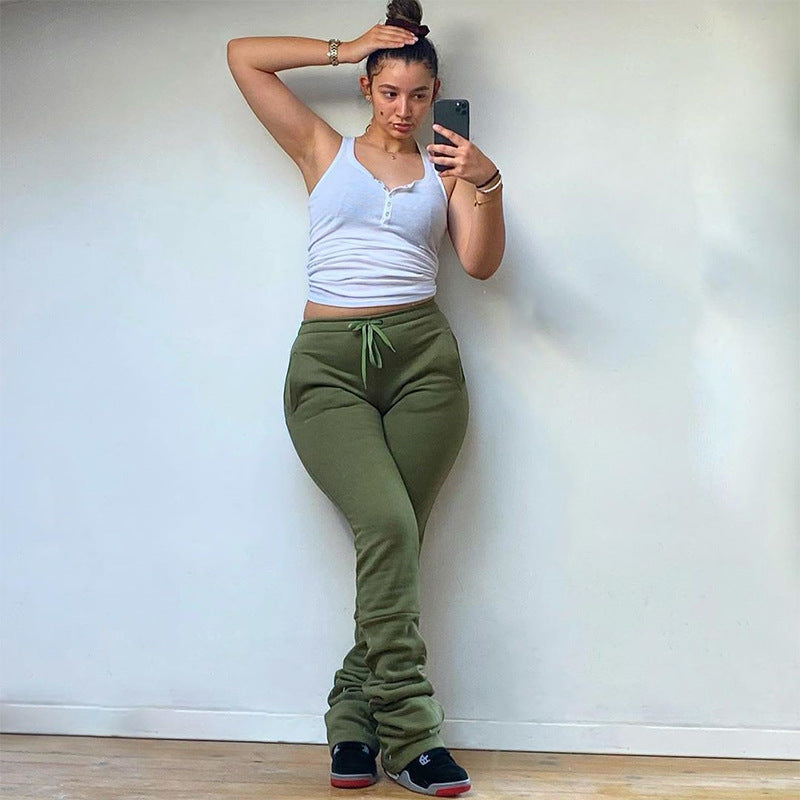 New Solid Lace Up High Waist Flared Pants