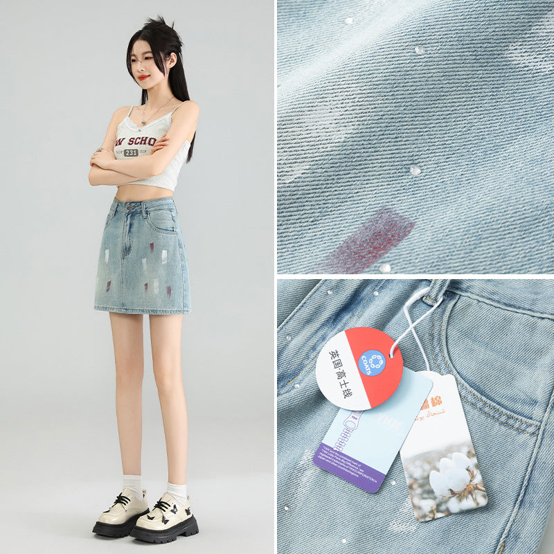 Rhinestone Lining Base Denim Skirt Graffiti Denim