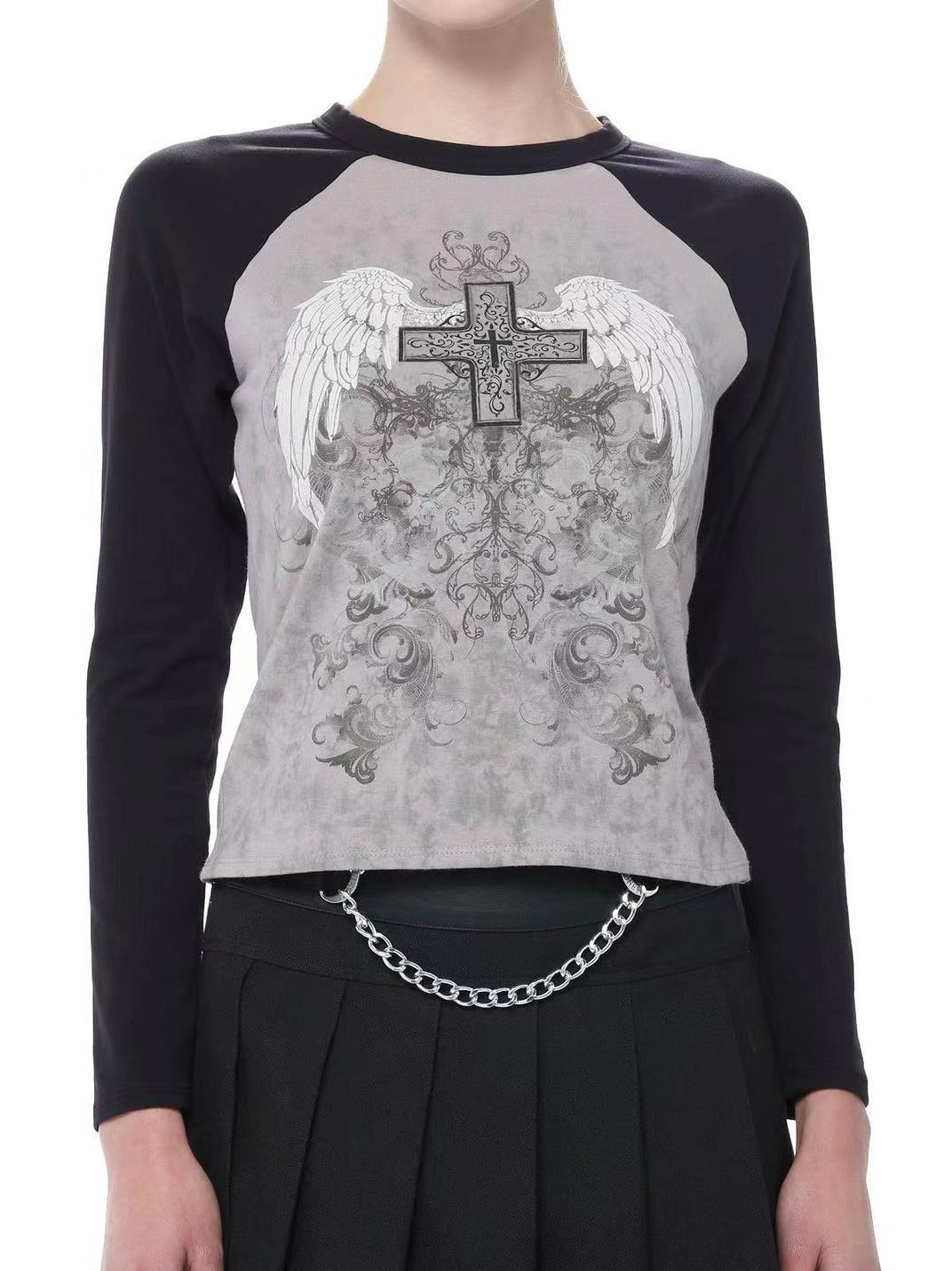 American-style Retro Patchwork Contrast Color Raglan Printed Wings T-shirt