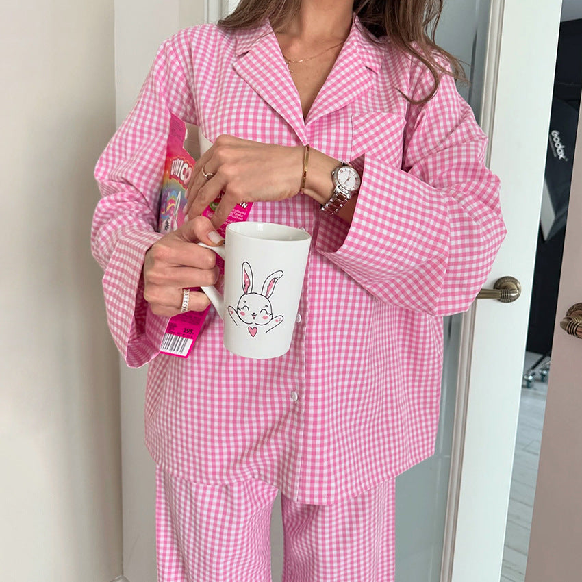 Autumn Cotton Plaid Long-Sleeve Pajama Set With Long Pants