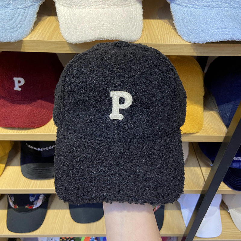Lamb Hair Letter P Baseball Hat Female