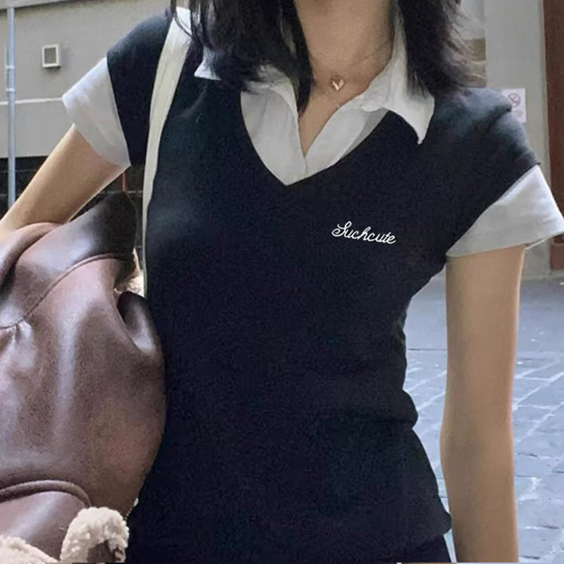 American College Style Polo Collar Stitching Fake Two Pieces Short Sleeve