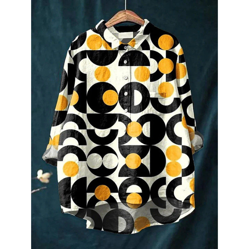 Lapel Long Sleeve Shirt Retro Line Polka Dot Top