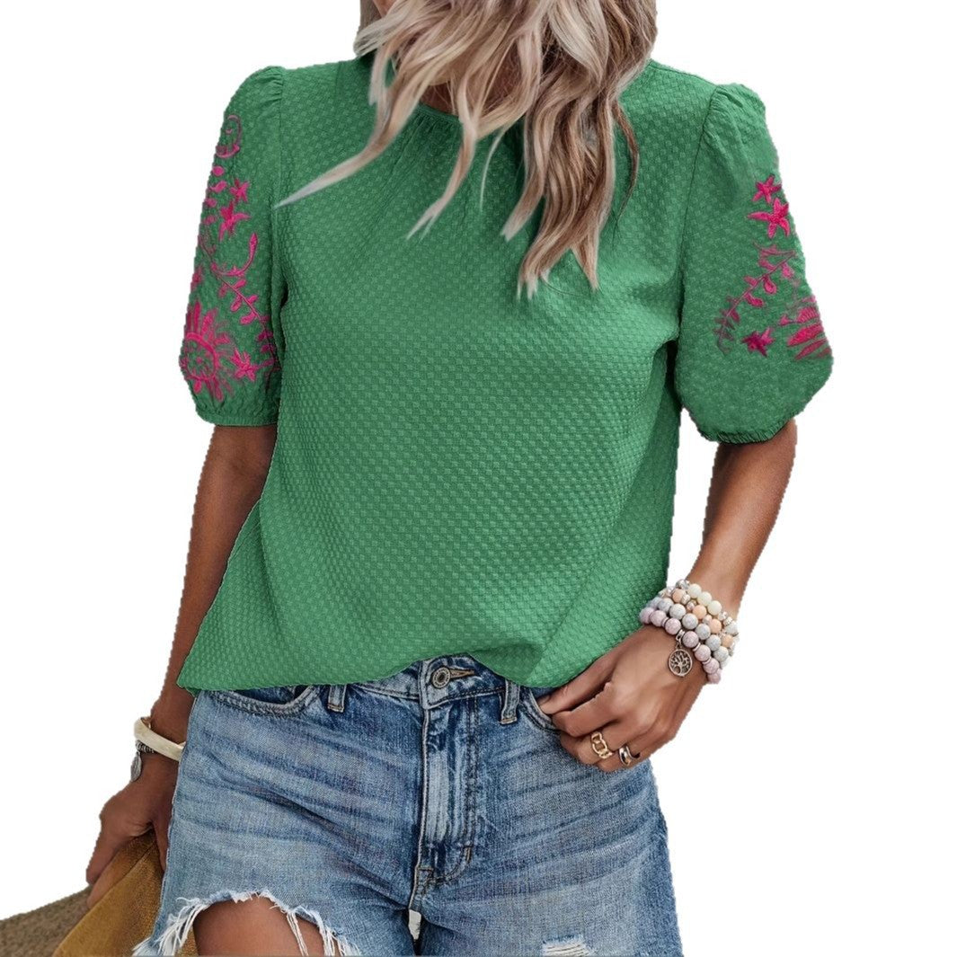 Women's Casual Embroidered Crew-Neck Fashion Shirt