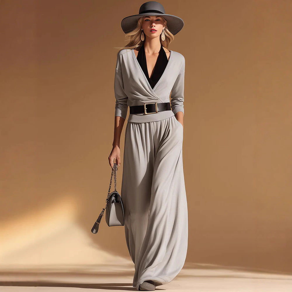 Black Halter-neck Two-piece Set Gray Top And Pants