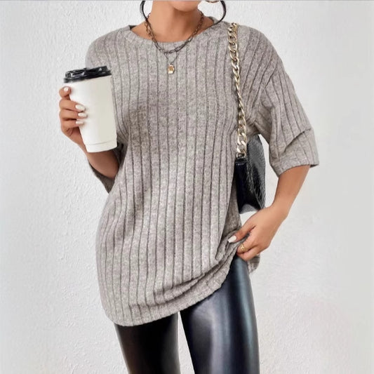 Women's Solid-Color Ribbed Brushed Knit Loose Short-Sleeve Top