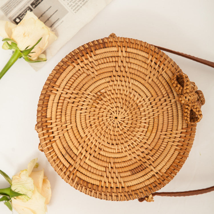 Natural PU small round straw bag