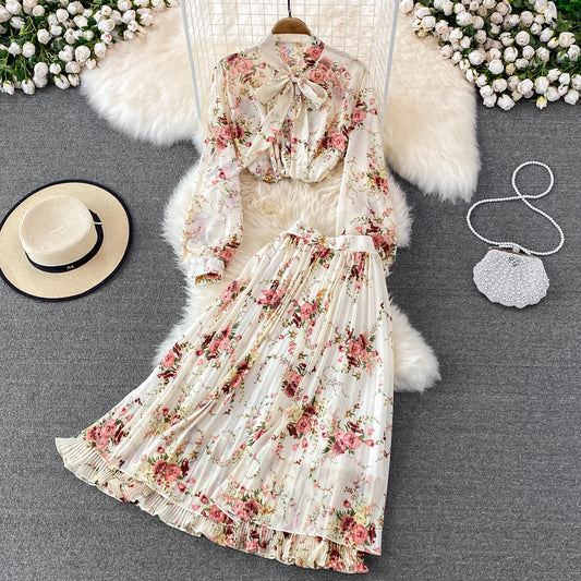 Bow-tie Lace Floral Chiffon High-Waist Pleated Skirt