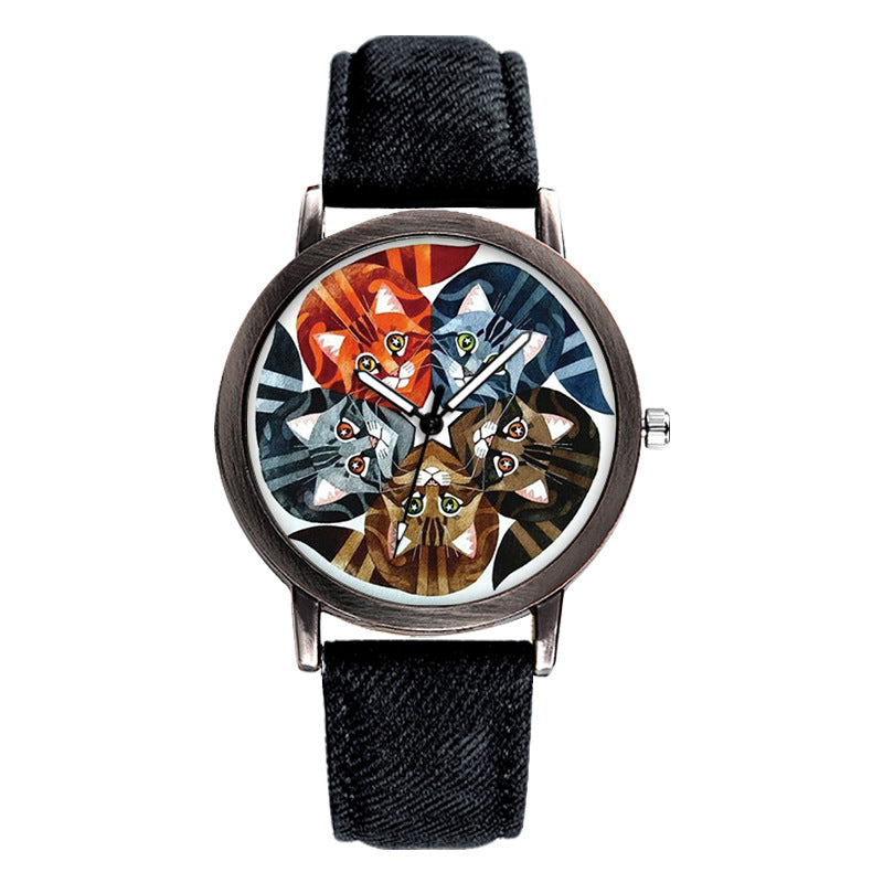 Colorful Cat Dial Design Ladies Black Case Watch