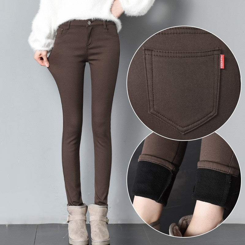 Thick pencil outer wear denim and long plus velvet boots
