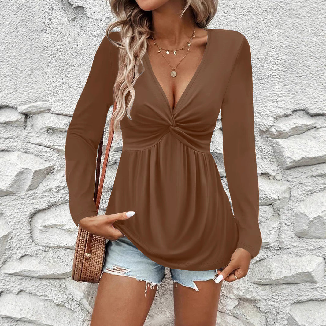New Womens Twist-knit Solid-color V-neck Long-sleeve Top