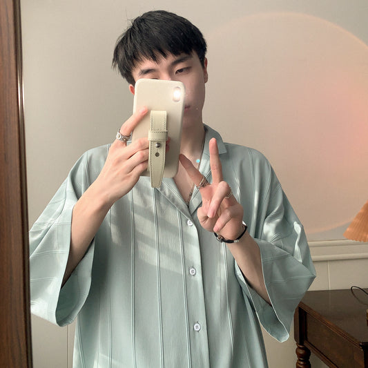 Men's Short Sleeved Summer Thin Solid Color High-end Striped Shirt