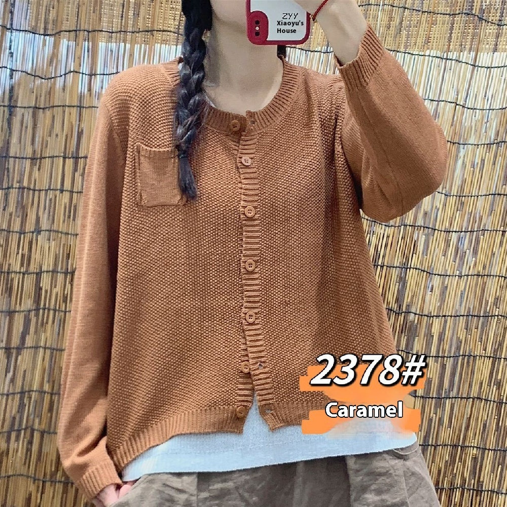 Pure Color Artistic Retro Loose Cardigan Sweater Women