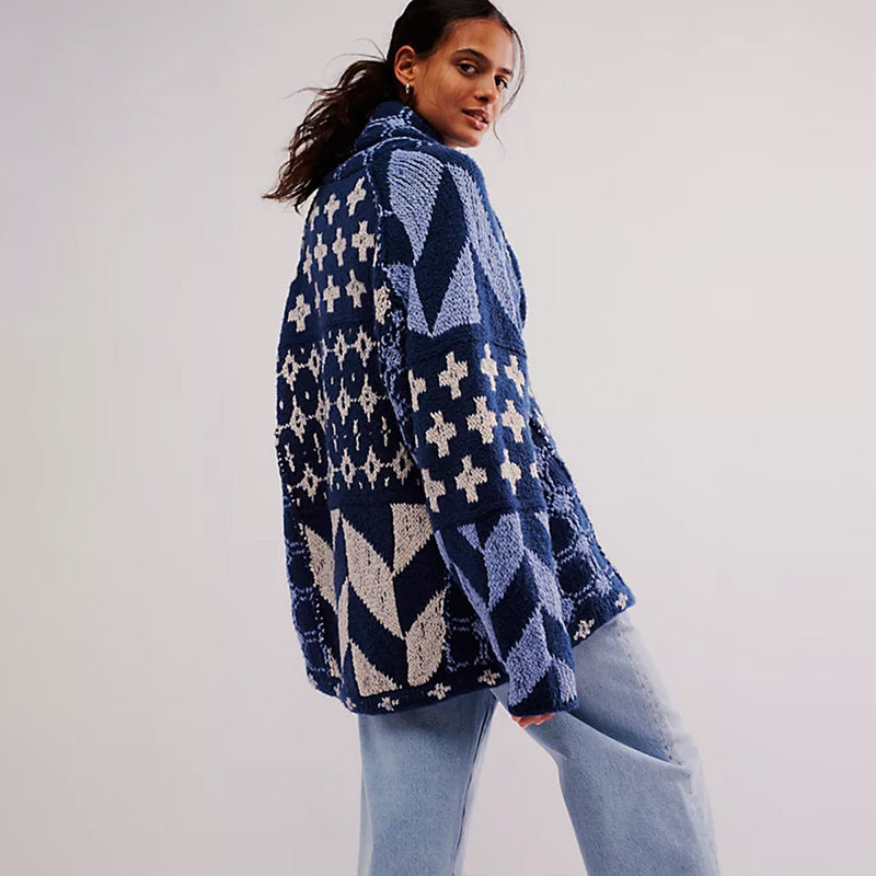 Abstract Print Turn-Neck Loose-Fit Long-Sleeve Knitted Sweater For Women