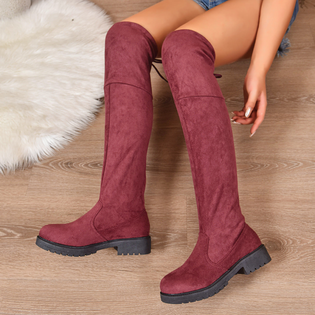 Women's Solid Colored Lace Up Knee High Boots