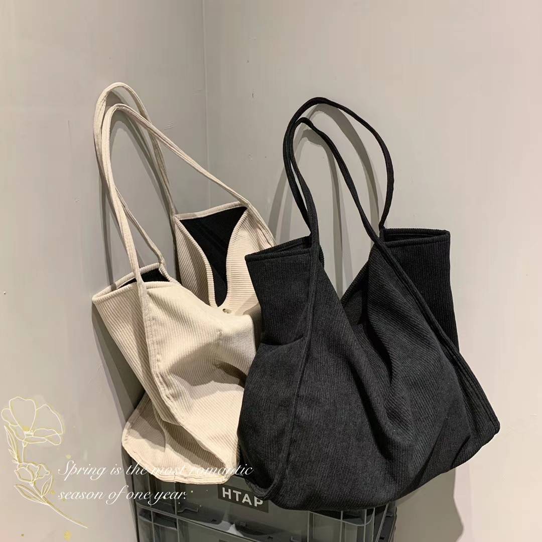 Retro Corduroy Open Mouth Large Capacity Student Tote Bag