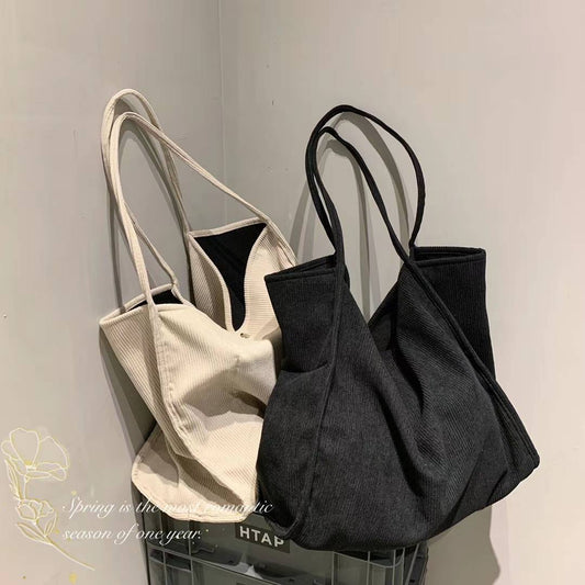Retro Corduroy Open Mouth Large Capacity Student Tote Bag