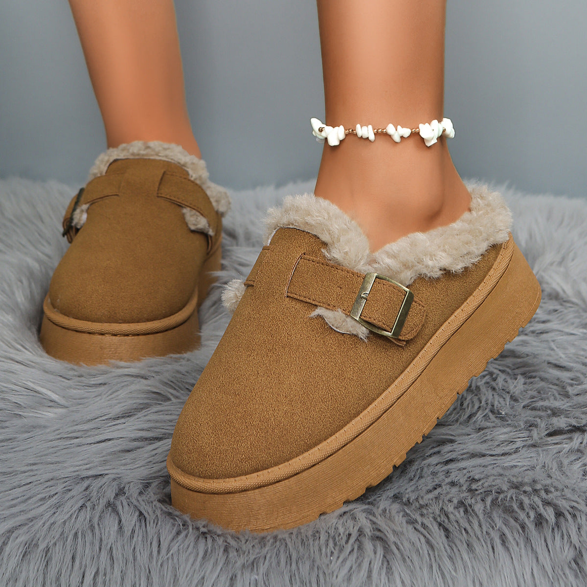 Platform Fluffy Shoes Round Head Warm With Velvet Casual Cotton-padded Shoes