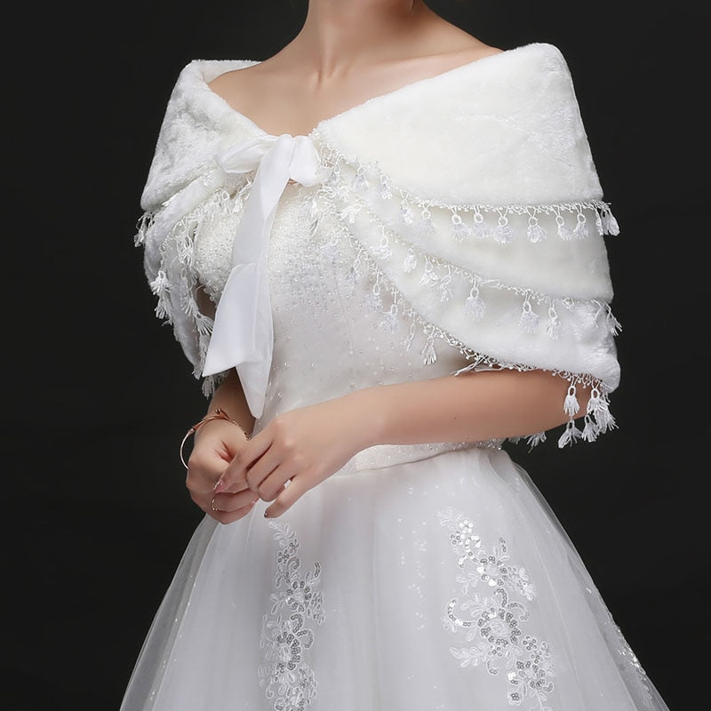 Fringed warm white wedding hair shawl