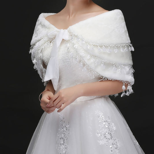 Fringed warm white wedding hair shawl