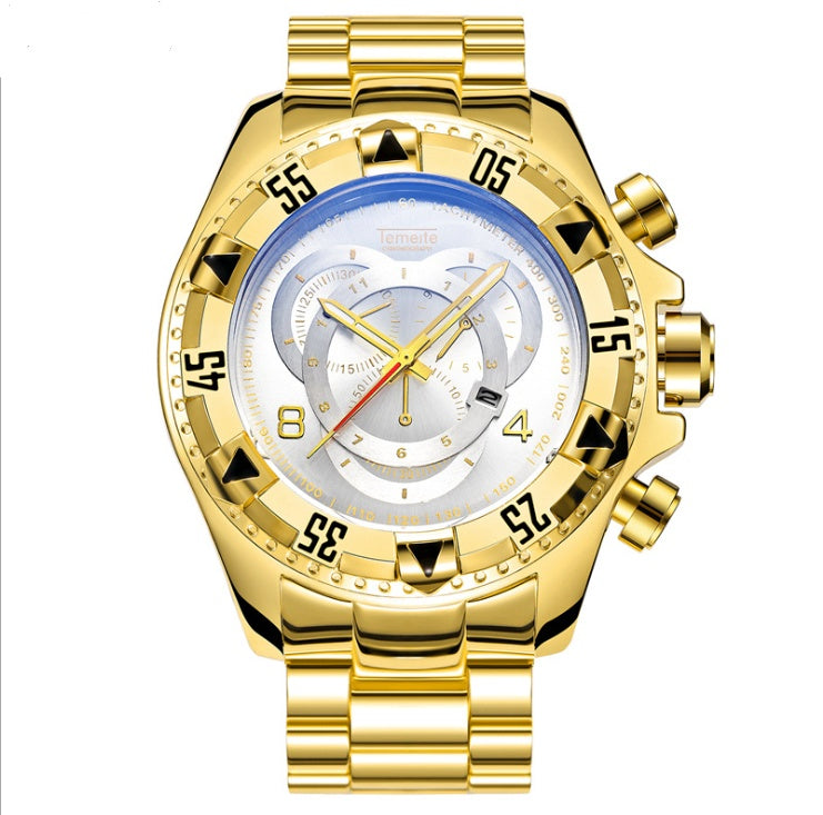 Explosion models watch men's fake three-eye luminous large dial steel belt sports men's watch